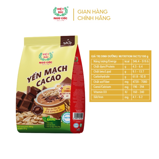 Bột Ngũ Cốc Yến Mạch Cacao VIỆT ĐÀI Thơm Ngon Giàu Chất Dinh Dưỡng Giảm Căng Thẳng Mệt Mỏi Túi 450g