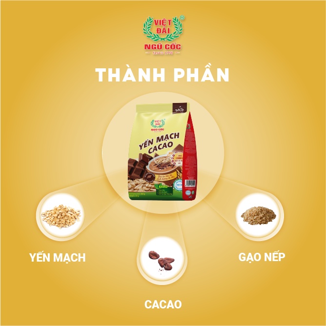 Bột Ngũ Cốc Yến Mạch Cacao VIỆT ĐÀI Thơm Ngon Giàu Chất Dinh Dưỡng Giảm Căng Thẳng Mệt Mỏi Túi 450g