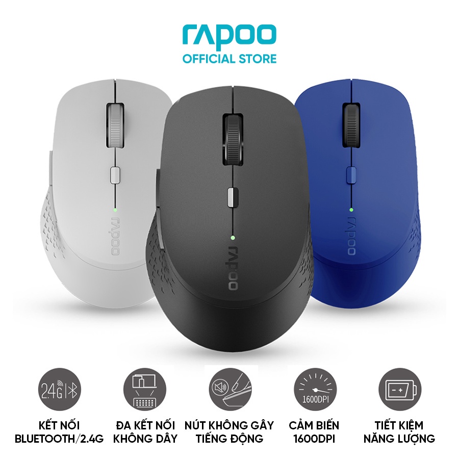 Chuột Không Dây Văn Phòng Rapoo M300 Silent Không Tiếng Ồn Độ Phân Giải 1600 DPI Sóng 2.4Ghz Bluetooth 3.0 & 4.0