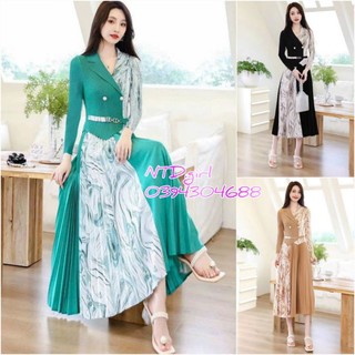 Hàng nhập - Đầm dáng xòe lụa xếp li tay dài cổ vest, váy dự tiệc Quảng Châu phối màu sang trọng