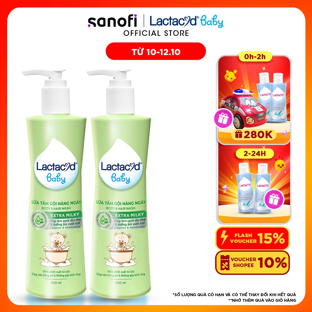 Bộ 2 chai Sữa Tắm Gội Trẻ Em Lactacyd Baby Extra Milky Làm Sạch Dịu Nhẹ và Dưỡng Ẩm Vượt Trội 500ml/chai