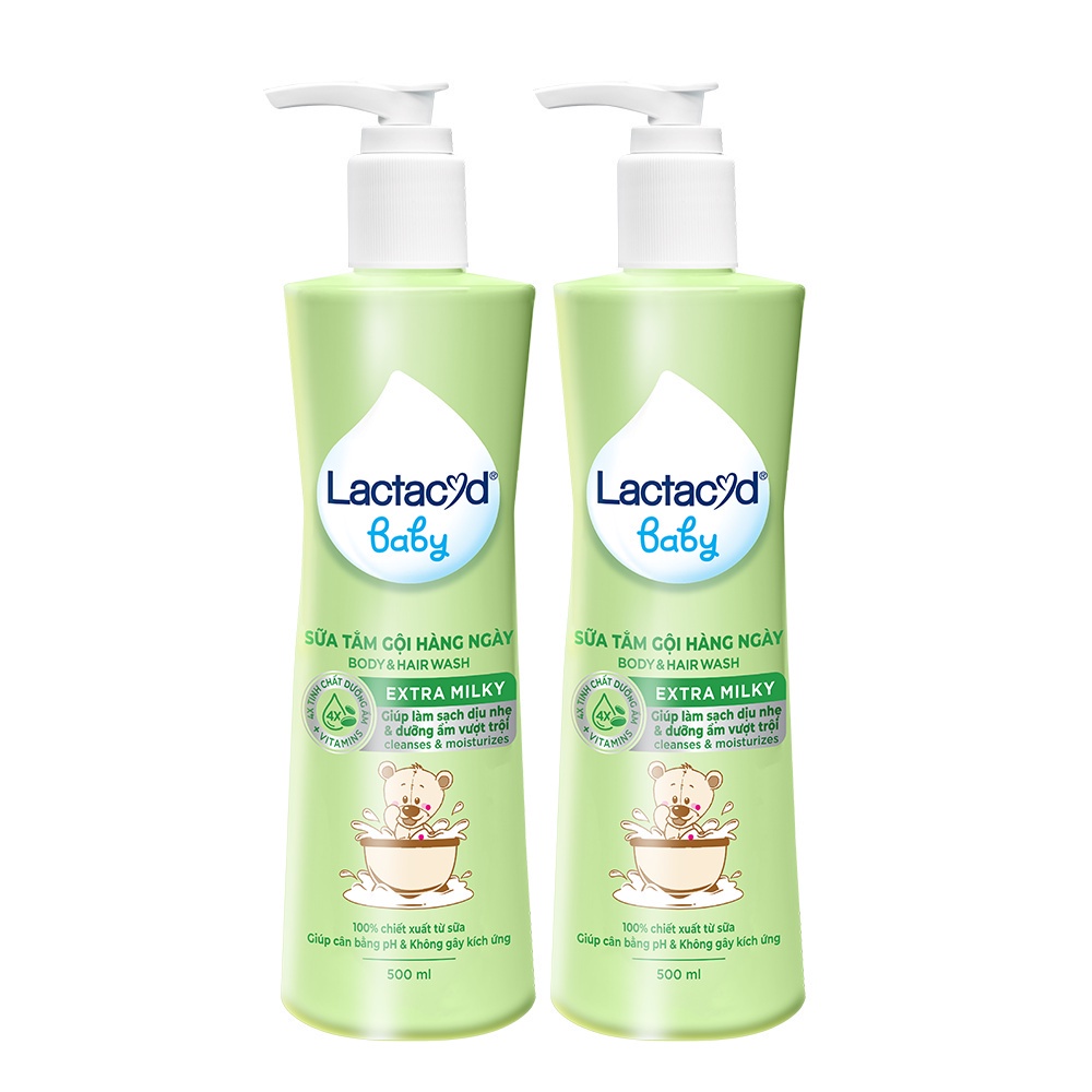 Bộ 2 chai Sữa Tắm Gội Trẻ Em Lactacyd Baby Extra Milky Làm Sạch Dịu Nhẹ và Dưỡng Ẩm Vượt Trội 500ml/chai