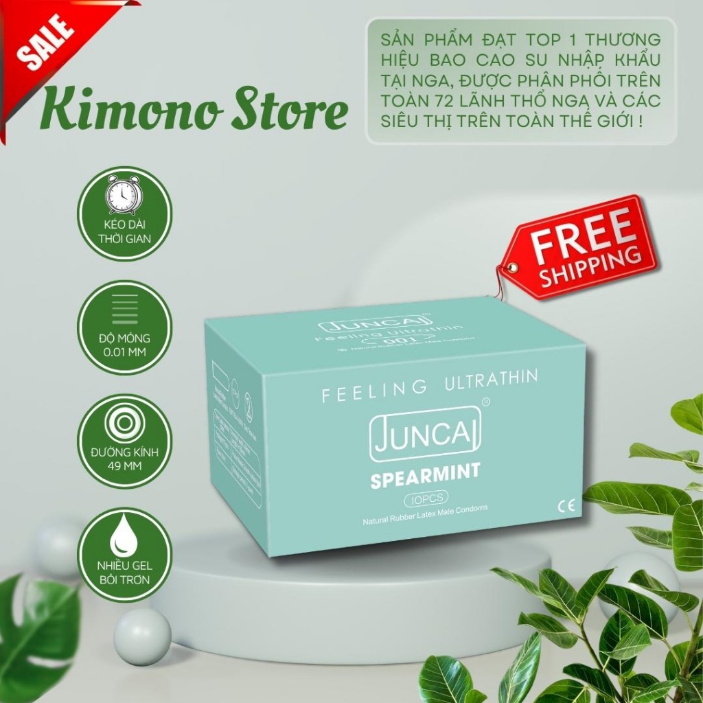Bao cao su Juncai size nhỏ 49 mm Siêu mỏng 001 Spearmint Hương bạc hà Nhiều gel bôi trơn, Hộp 10 bcs