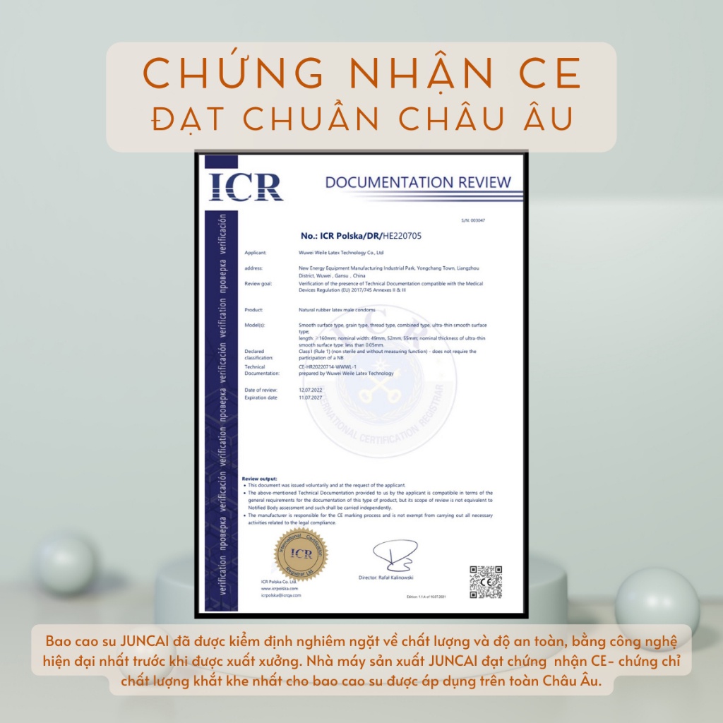 Bao cao su Juncai cao cấp siêu mỏng 001 kéo dài thời gian, gân gai tăng khoái cảm, Hộp 10 bcs