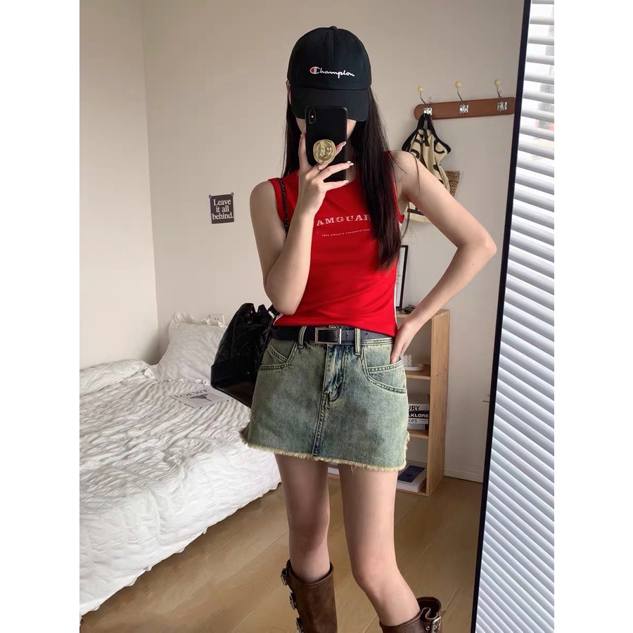 Chân váy jean ngắn cạp cao A, Chân váy bò raylin tua gấu CV09