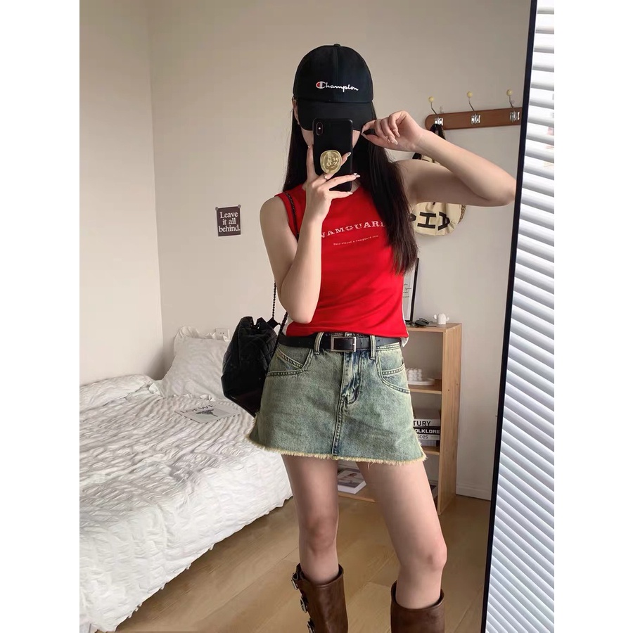 Chân váy jean ngắn cạp cao A, Chân váy bò raylin tua gấu CV09