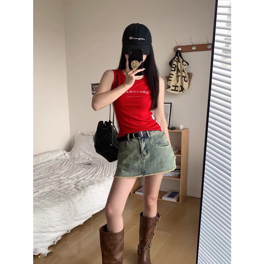 Chân váy jean ngắn cạp cao A, Chân váy bò raylin tua gấu CV09