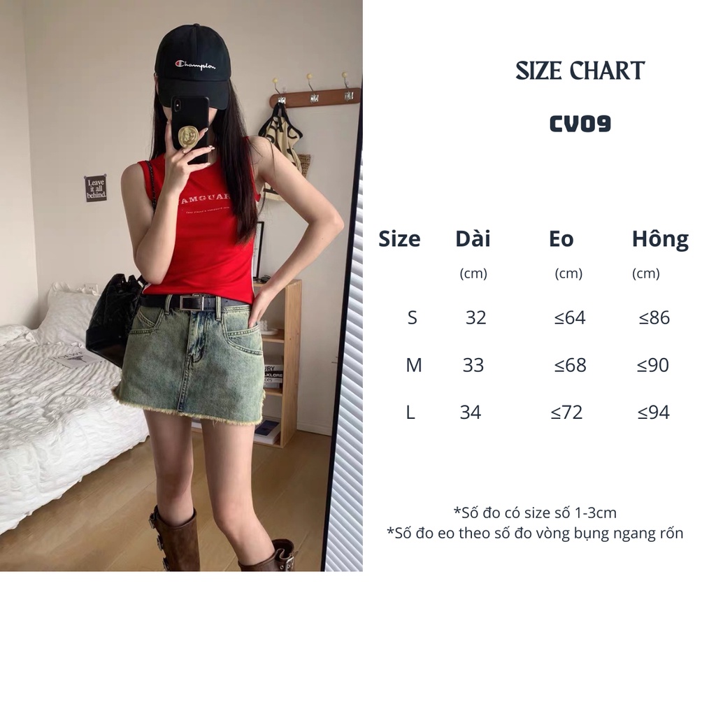 Chân váy jean ngắn cạp cao A, Chân váy bò raylin tua gấu CV09