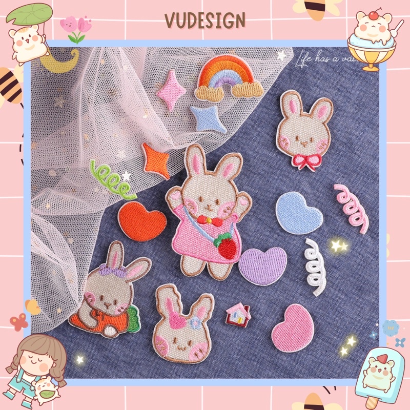 Sticker Dán Vải, Sticker Ủi Thêu Quần Áo, Balo, Túi, Mũ Hình Bộ Thỏ Hồng Cute Dễ Thương Vudesign