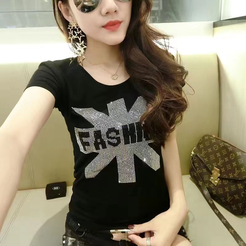 Áo Thun cotton 20% Ngắn Tay Đính Kim Cương Giả Thời Trang Mùa Hè Hàn Quốc Cho Nữ