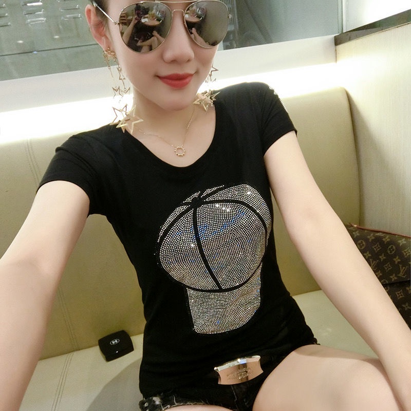 Áo Thun cotton 20% Ngắn Tay Đính Kim Cương Giả Thời Trang Mùa Hè Hàn Quốc Cho Nữ