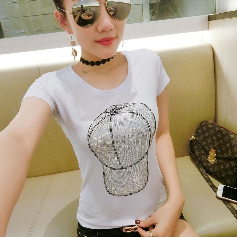 Áo Thun cotton 20% Ngắn Tay Đính Kim Cương Giả Thời Trang Mùa Hè Hàn Quốc Cho Nữ