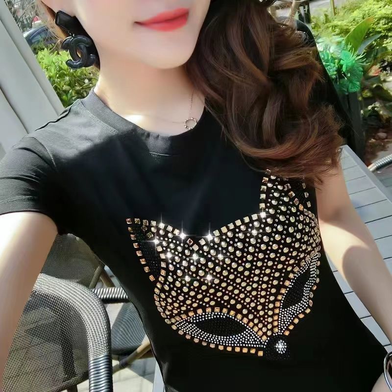 Áo Thun cotton 20% Ngắn Tay Đính Kim Cương Giả Thời Trang Mùa Hè Hàn Quốc Cho Nữ