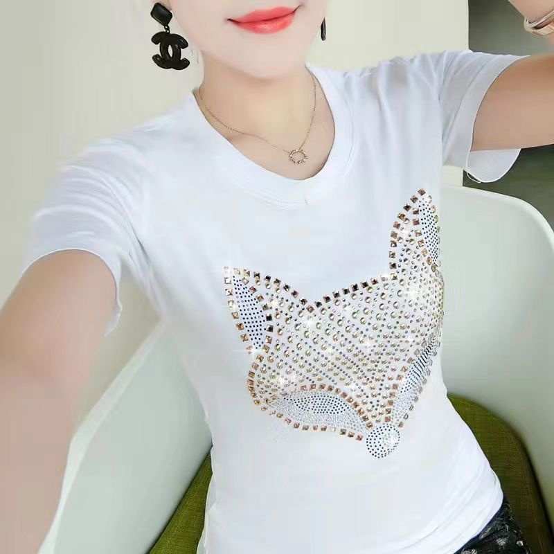 Áo Thun cotton 20% Ngắn Tay Đính Kim Cương Giả Thời Trang Mùa Hè Hàn Quốc Cho Nữ