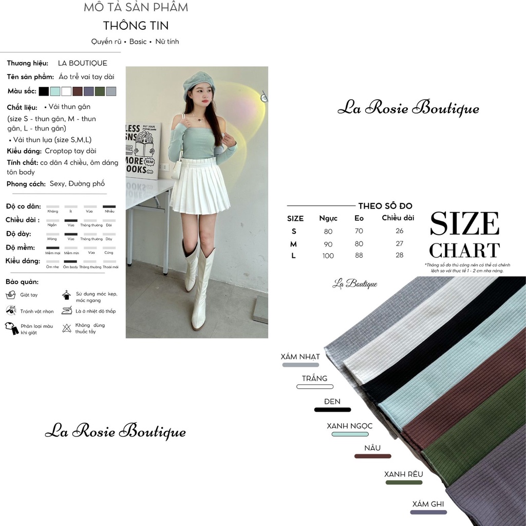 Áo croptop trễ vai tay dài La Rosie Boutique thun gân co giãn 4 chiều có Bigsize - LA12