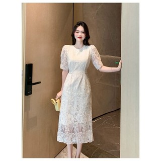 [NNQB1123] Hàng nhập - Đầm dáng ôm ren trắng thêu hoa sang trọng, váy tiểu thư tay búp cổ tròn xẻ tà sau