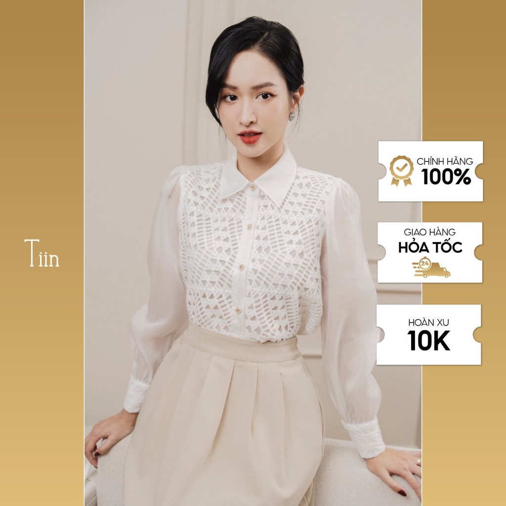 Áo sơ mi nữ kiểu cổ đức ngực phối ren tay tơ óng sang trọng giữ form không nhăn nhàu TIINSTORE AHD689