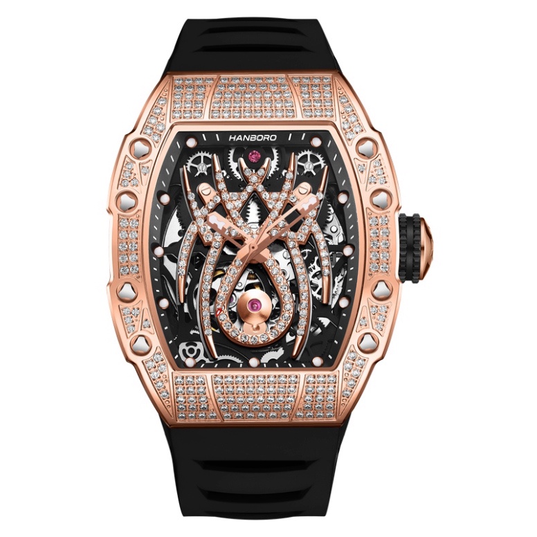 Đồng hồ nam Hanboro HBR-922 mặt đính đá, máy cơ, kính Sapphire