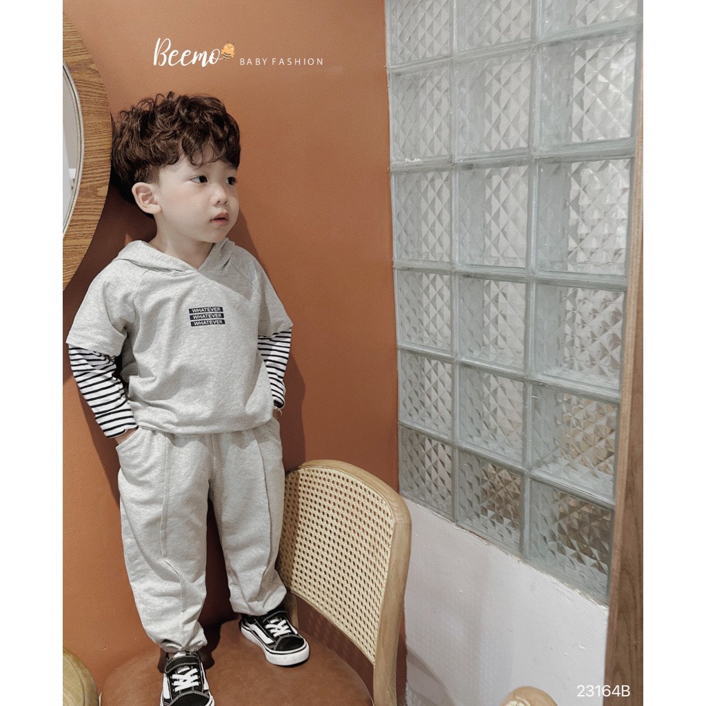 Bộ cotton Beemo áo có mũ phối tay kẻ Whatever 2 màu size 80 - 130