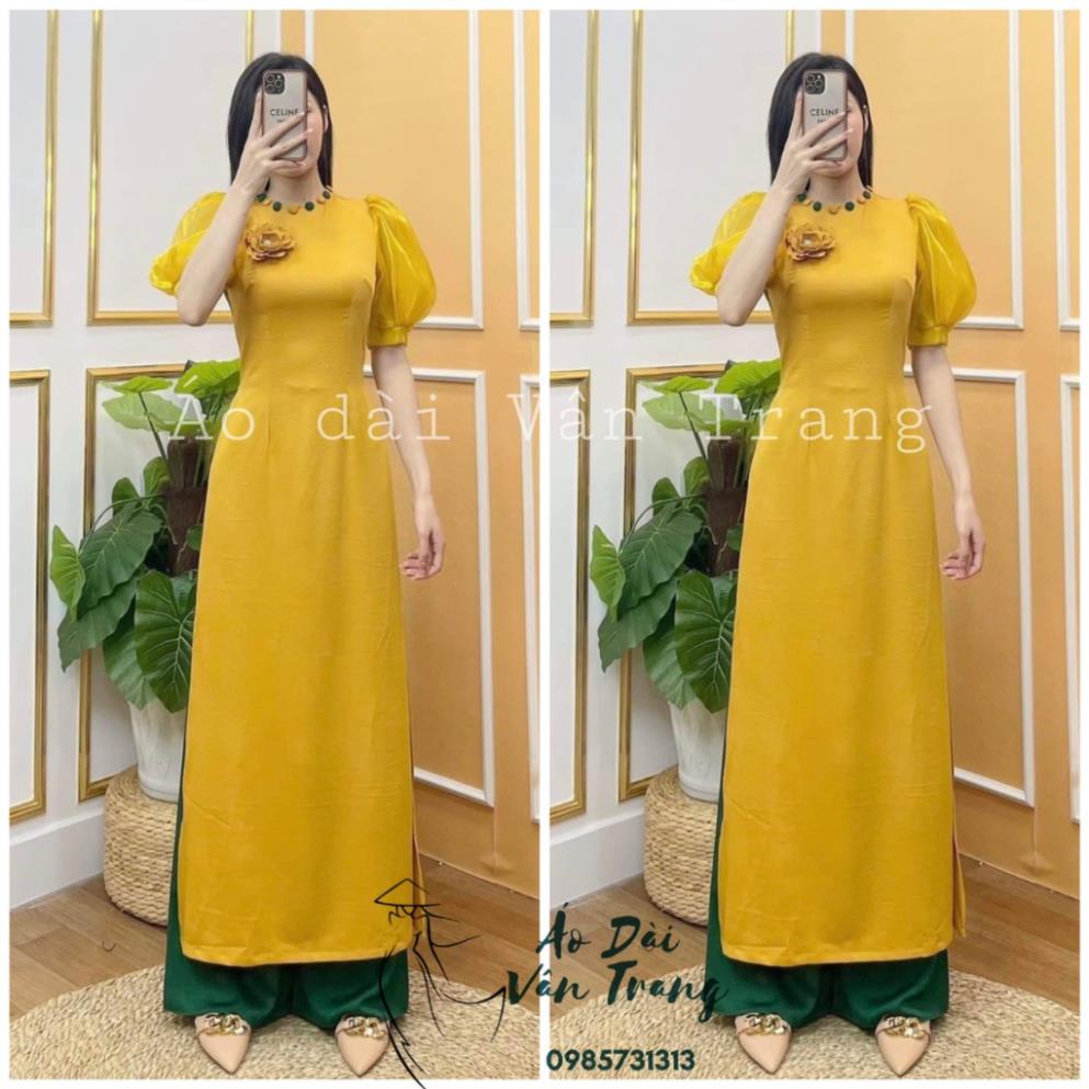 Áo dài lụa truyền thống nữ tay bồng phối tơ chất lụa tây thi mềm mịn, đính cúc, kết hoa hàng may sẵn VT06 Quỳnh Dư