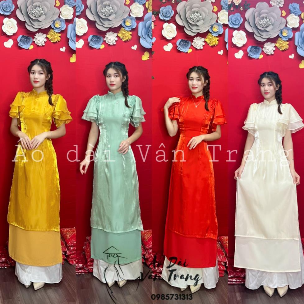 Áo dài cách tân tay bèo cánh tiên 4 tà vải von tơ mềm, áo dài nữ trẻ trung hàng may sẵn VT23 Quỳnh Dư