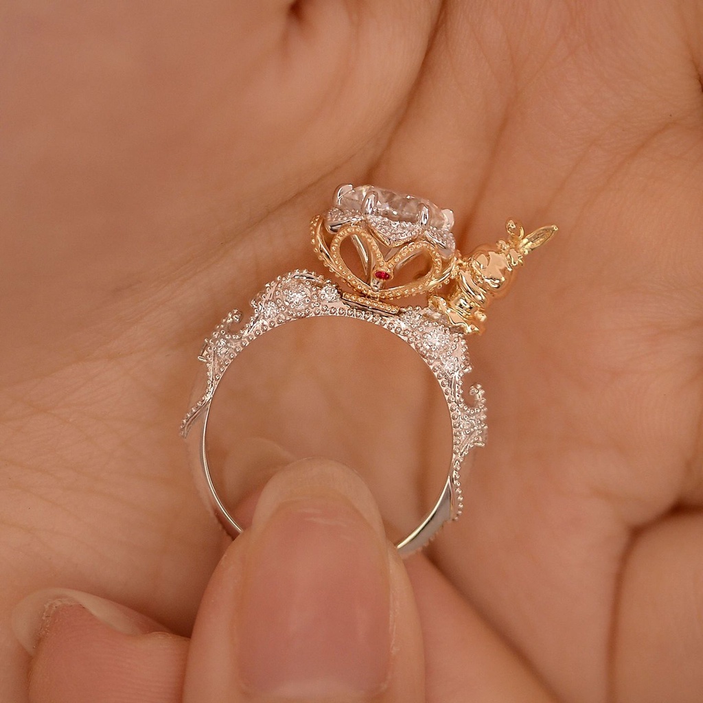 Nhẫn Cưới Khảm Đá Hình Thỏ Hoa Hồng Phong Cách xiaohongshu Cho Cặp Đôi