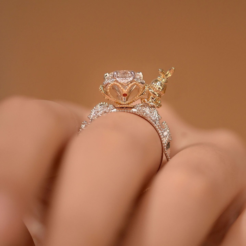 Nhẫn Cưới Khảm Đá Hình Thỏ Hoa Hồng Phong Cách xiaohongshu Cho Cặp Đôi