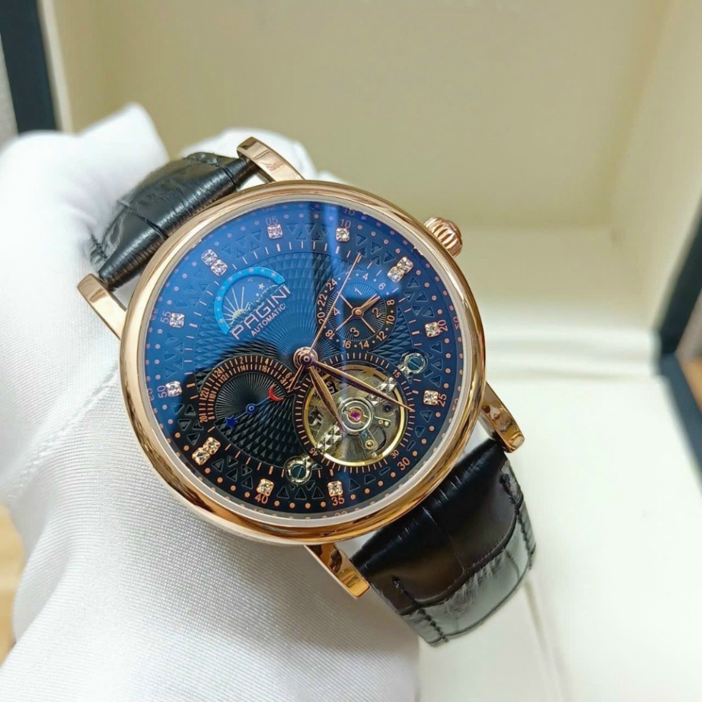 Đồng Hồ Cơ Nam Dây Da Bò PAGINI 9989, Chạy Full 4 Máy 5 Kim, Lịch Tuần Trăng, Lộ Cơ 2 Mặt, Chống Nước Chống Xước - Bảo H