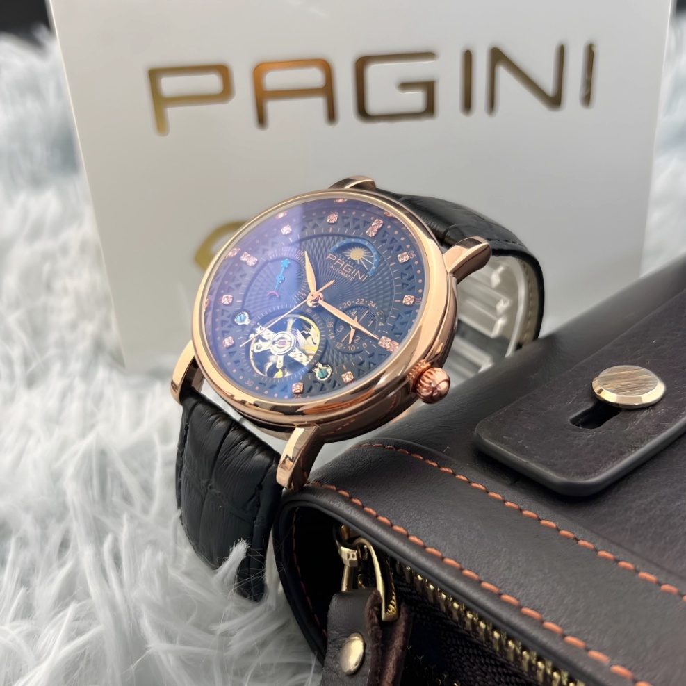 Đồng Hồ Cơ Nam Dây Da Bò PAGINI 9989, Chạy Full 4 Máy 5 Kim, Lịch Tuần Trăng, Lộ Cơ 2 Mặt, Chống Nước Chống Xước - Bảo H