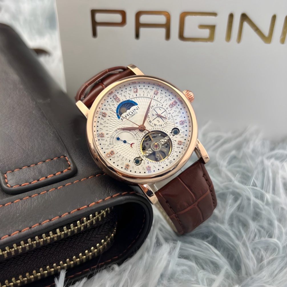 Đồng Hồ Cơ Nam Dây Da Bò PAGINI 9989, Chạy Full 4 Máy 5 Kim, Lịch Tuần Trăng, Lộ Cơ 2 Mặt, Chống Nước Chống Xước - Bảo H