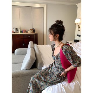 Yuexunpunpunpuff Đầm Dài Tay Ngắn Cổ Chữ v Eo Cao Họa Tiết Hoa Mùa Hè Phong Cách Pháp Cổ Điển Tươi Mới Cho Nữ