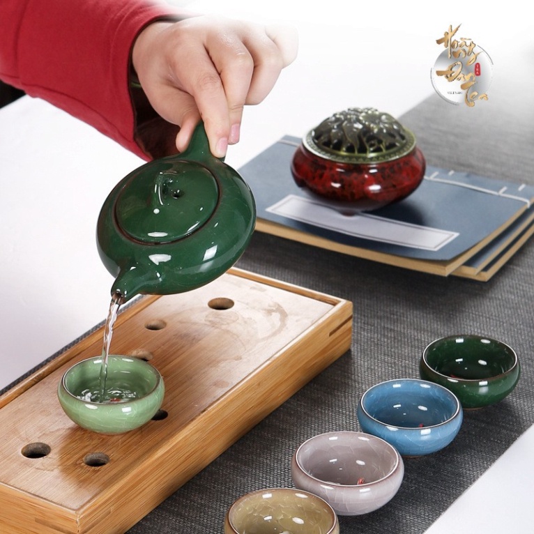Bộ Ấm Chén Uống Trà Đạo Gốm Vân Rạn Ấm Chén 7 Món Đồ Dụng Cụ Bình Uống Chè Bằng Gốm Sứ Hộp Đựng Cao Cấp