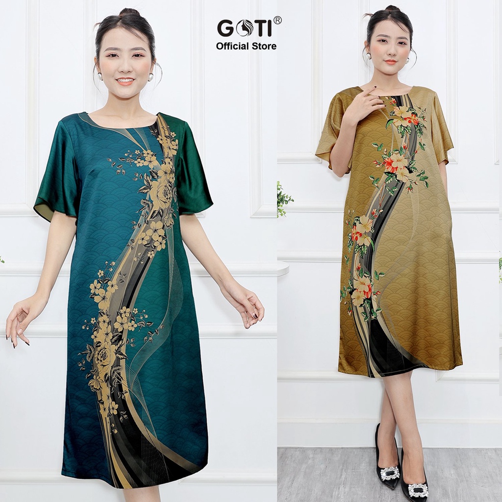 GOTI – Đầm Dáng Suông Trung Niên Dự Tiệc Cao Cấp BigSize Vải Lụa Mềm Mịn Cho Mẹ U40 U50 Có Size Lớn 45-78kg 3386