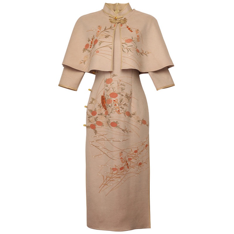 Đầm Sườn Xám Cách Tân Tay Dài Da Lộn Kèm Khăn Choàng Phong Cách Công Cộng Nhẹ Nhàng