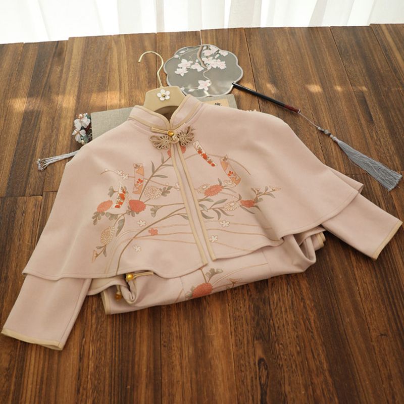 Đầm Sườn Xám Cách Tân Tay Dài Da Lộn Kèm Khăn Choàng Phong Cách Công Cộng Nhẹ Nhàng