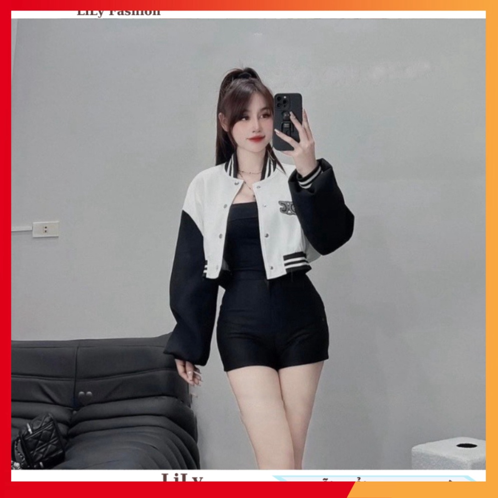 Áo khoác boomber nữ dáng ngắn croptop khoác ngoà iphối thêu chữ C bao ngầu cho nàng dạo phố