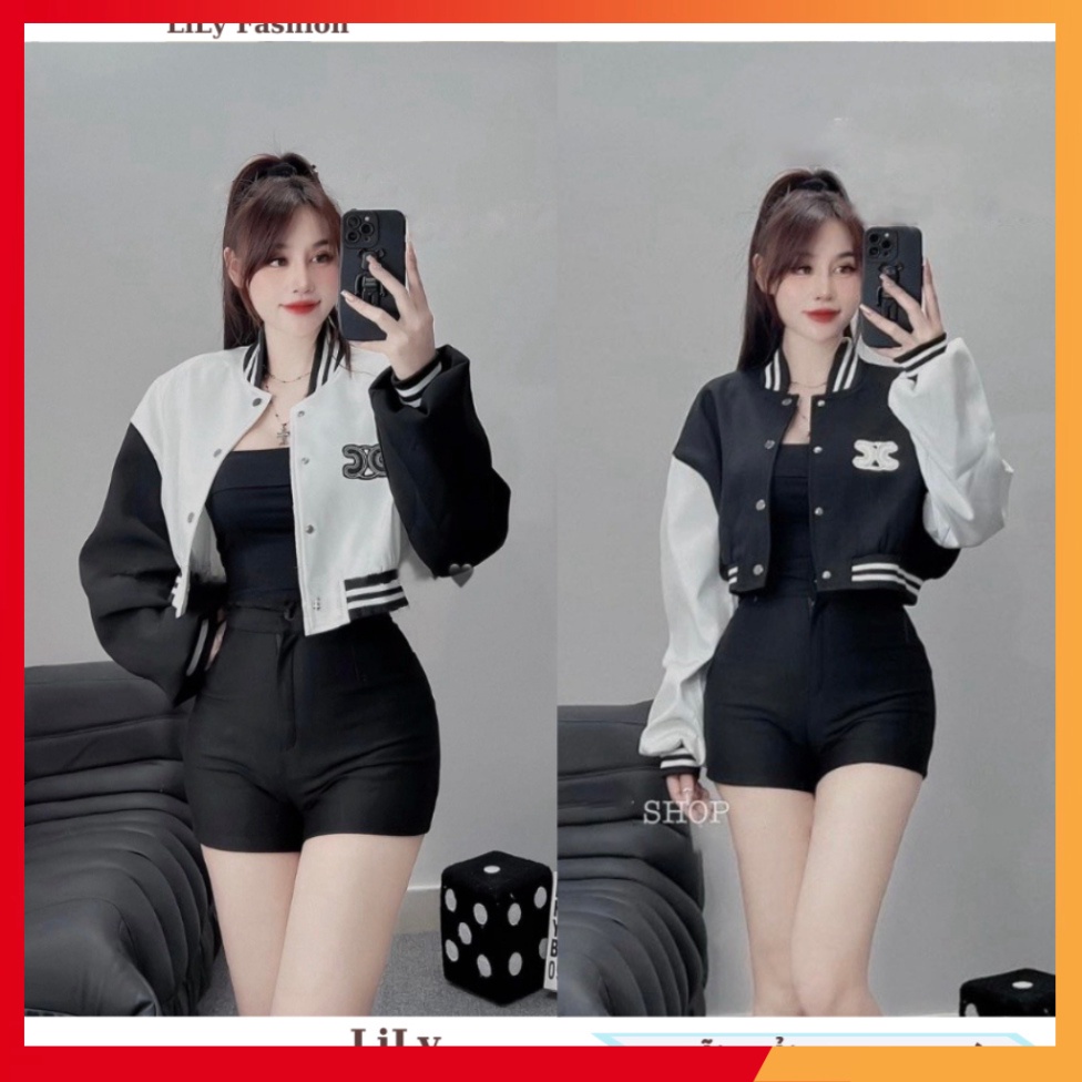 Áo khoác boomber nữ dáng ngắn croptop khoác ngoà iphối thêu chữ C bao ngầu cho nàng dạo phố