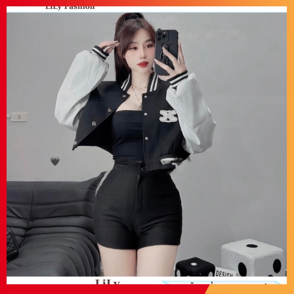 Áo khoác boomber nữ dáng ngắn croptop khoác ngoà iphối thêu chữ C bao ngầu cho nàng dạo phố
