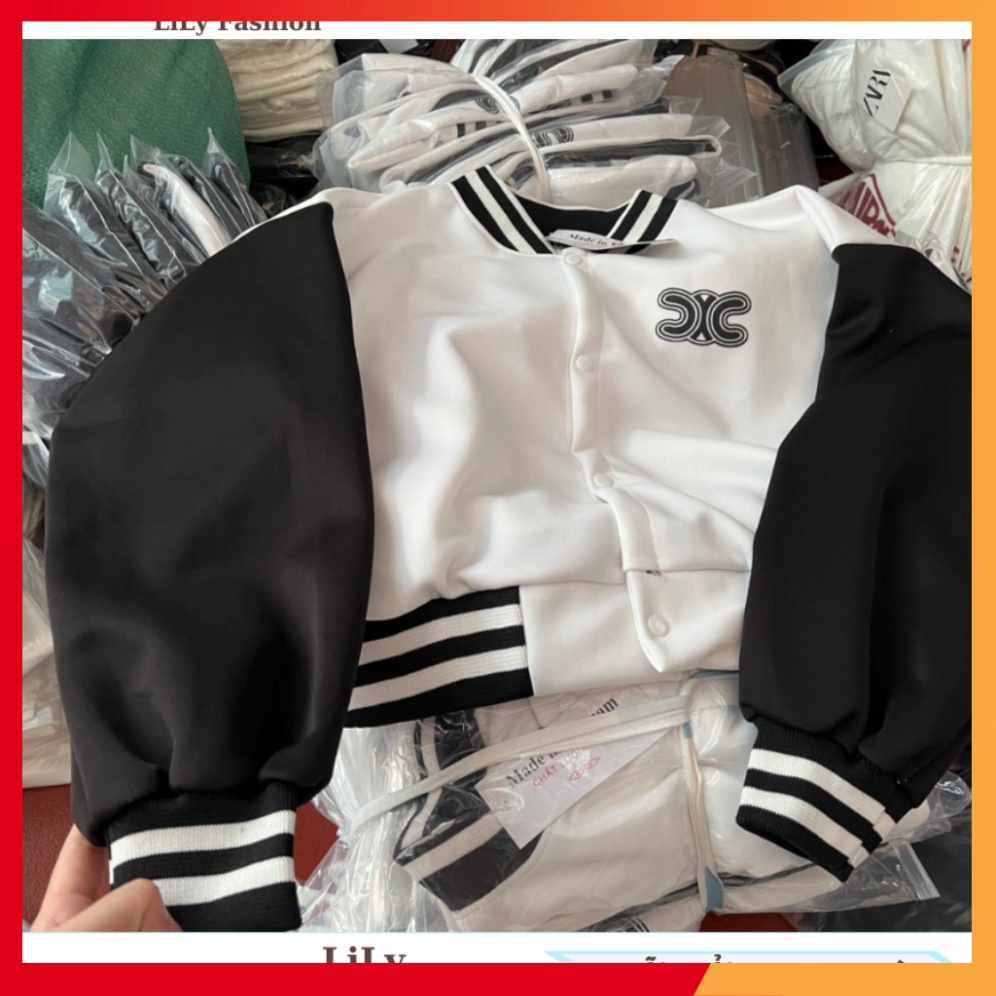 Áo khoác boomber nữ dáng ngắn croptop khoác ngoà iphối thêu chữ C bao ngầu cho nàng dạo phố