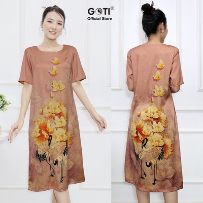 GOTI – Đầm Dự Tiệc Vải Lụa Cao Cấp Dành Tặng Mẹ Trung Niên Kiểu Đầm Dáng Suông Màu Cam Nhạt In Hoa Sang Trọng 3388