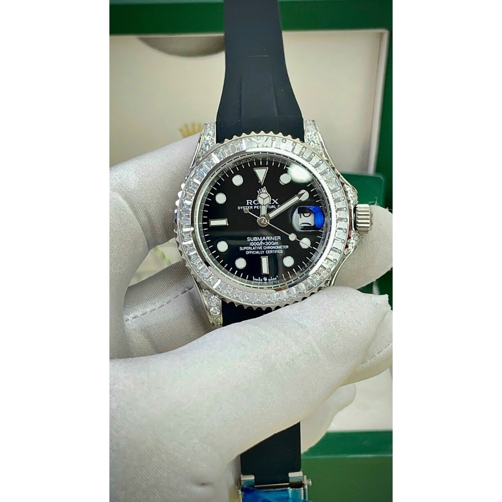 Đồng hồ Nam Rolex dây cao su vành đá tai đá trắng mặt đen máy nhật dòng cơ Automatic size 40mm