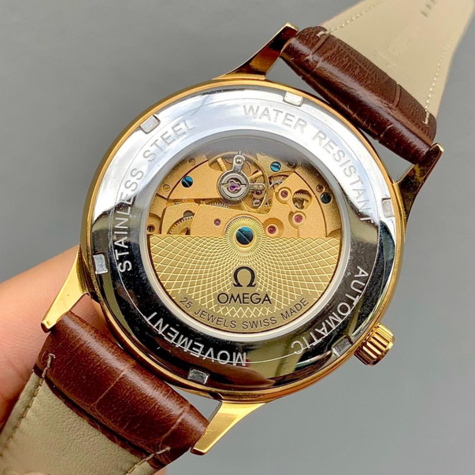 Đồng hồ Nam Omg bát quái mặt vàng  vỏ vàng ta mặt trắng dòng cơ Automatic size 40mm dây da