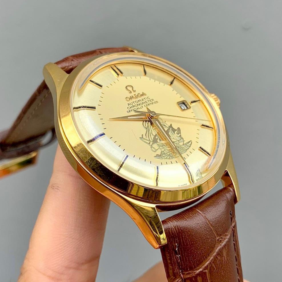 Đồng hồ Nam Omg bát quái mặt vàng  vỏ vàng ta mặt trắng dòng cơ Automatic size 40mm dây da