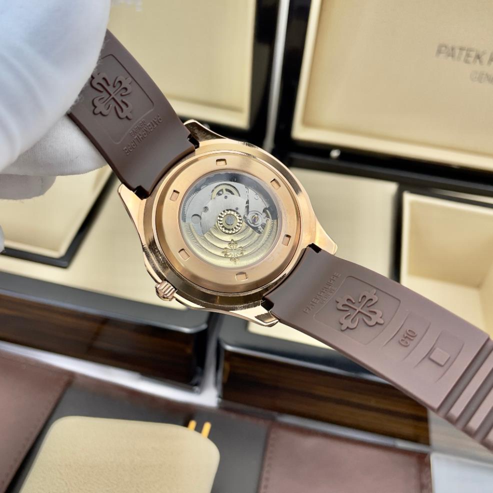 Đồng hồ Nam PaTe vuông măt nâu vỏ vàng hồng 3kim vành trơn cơ automatic máy nhật  size 40mm dây cao su nâu