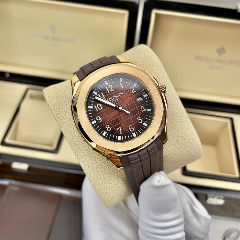 Đồng hồ Nam PaTe vuông măt nâu vỏ vàng hồng 3kim vành trơn cơ automatic máy nhật  size 40mm dây cao su nâu