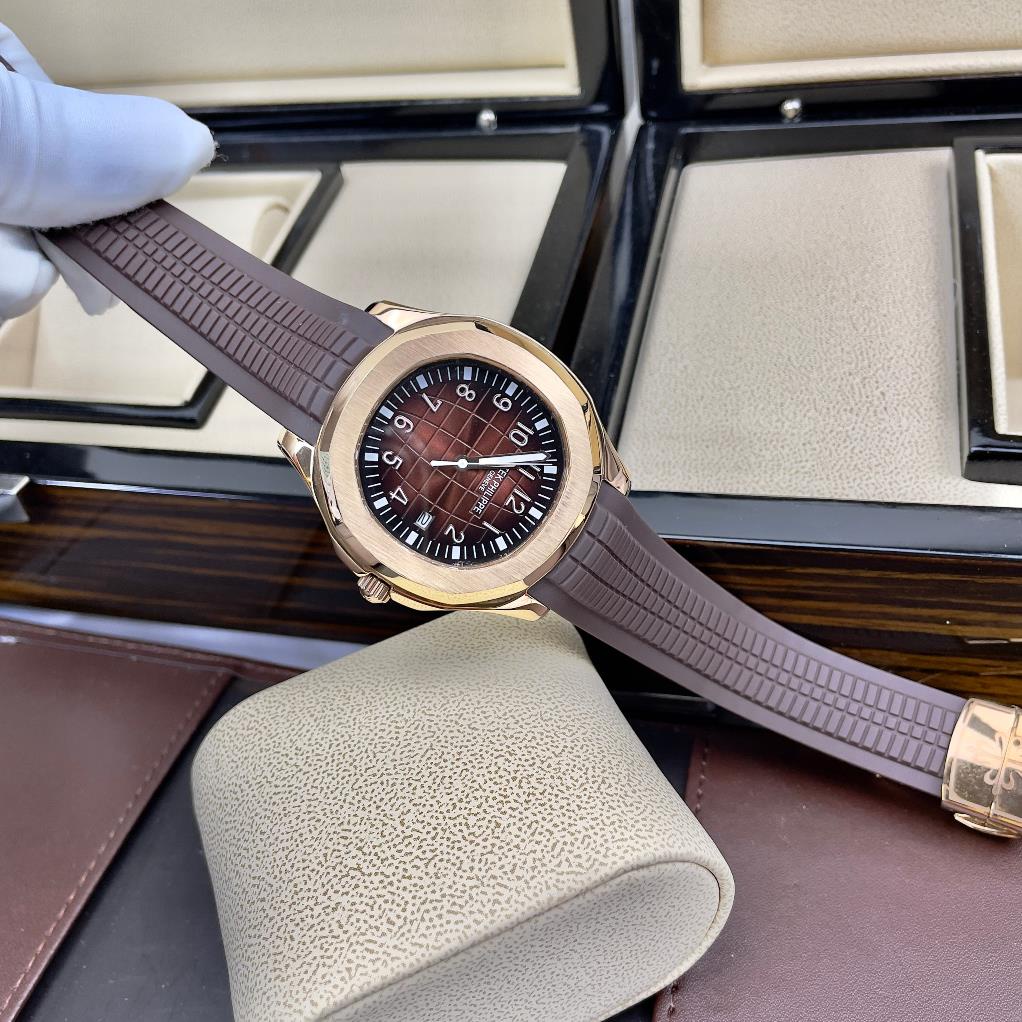 Đồng hồ Nam PaTe vuông măt nâu vỏ vàng hồng 3kim vành trơn cơ automatic máy nhật  size 40mm dây cao su nâu