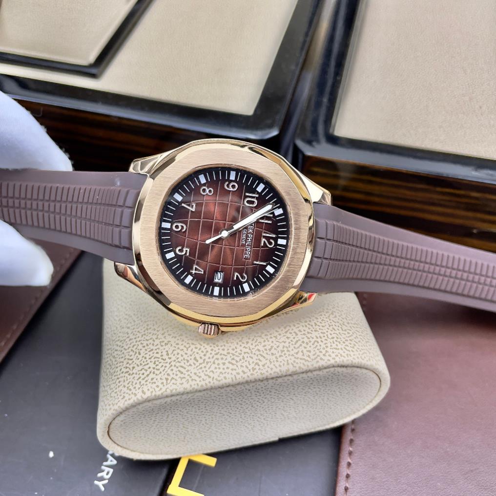 Đồng hồ Nam PaTe vuông măt nâu vỏ vàng hồng 3kim vành trơn cơ automatic máy nhật  size 40mm dây cao su nâu