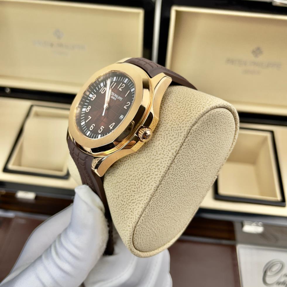 Đồng hồ Nam PaTe vuông măt nâu vỏ vàng hồng 3kim vành trơn cơ automatic máy nhật  size 40mm dây cao su nâu