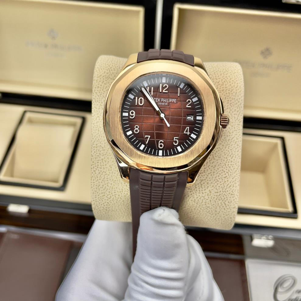 Đồng hồ Nam PaTe vuông măt nâu vỏ vàng hồng 3kim vành trơn cơ automatic máy nhật  size 40mm dây cao su nâu