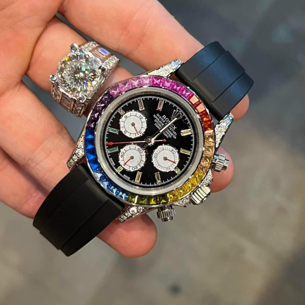 Đồng hồ Nam Rolex dây cao su vành đá tai đá màu số gạch máy nhật dòng cơ Automatic size 40mm